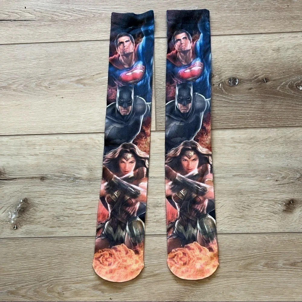 𝅺superhero Knee socks, size 16, Superman Batman Wonder Woman, blue red orange.